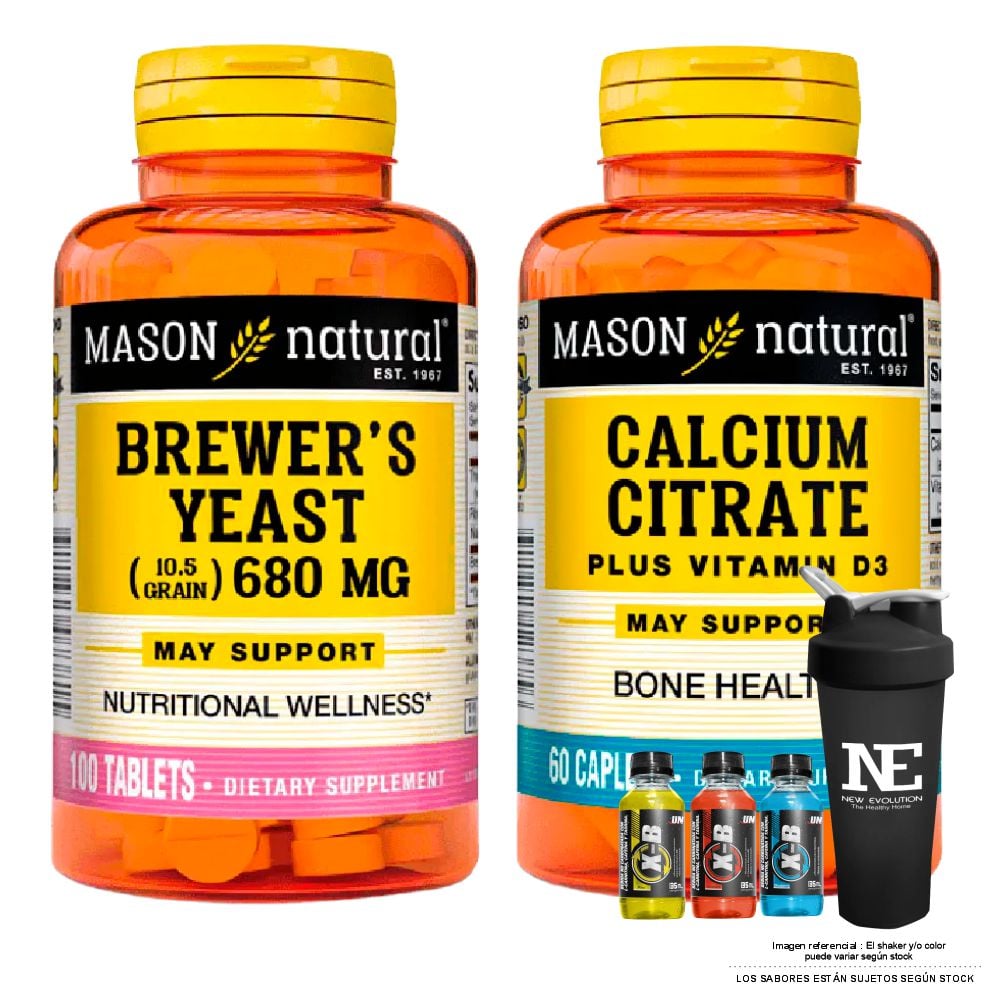 COMBO VITAMINAS MASON NATURAL - LEVADURA DE CERVEZA 680 MG (100 TAB)+ CITRATO DE CALCIO CON VITAMINA D3 (60 TAB) +SHAKER - 1