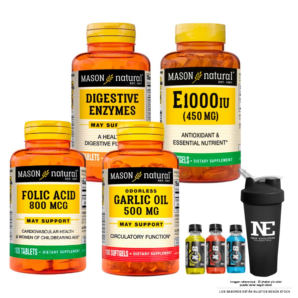 COMBO VITAMINAS MASON NATURAL- ENZIMAS DIGESTIVAS+ VITAMINA E-1000UI + ÁCIDO FÓLICO 800MCG + ACEITE DE AJO 500MG +SHAKER - 1