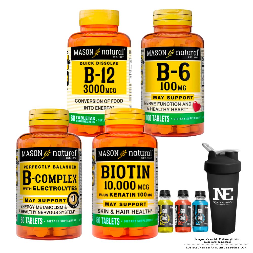 COMBO VITAMINAS MASON- VITAMINA B-12 3000MCG + VITAMINA B-6 100MG + COMPLEJO B CON ELECTROLITOS + BIOTINA 10,000 +SHAKER - 1