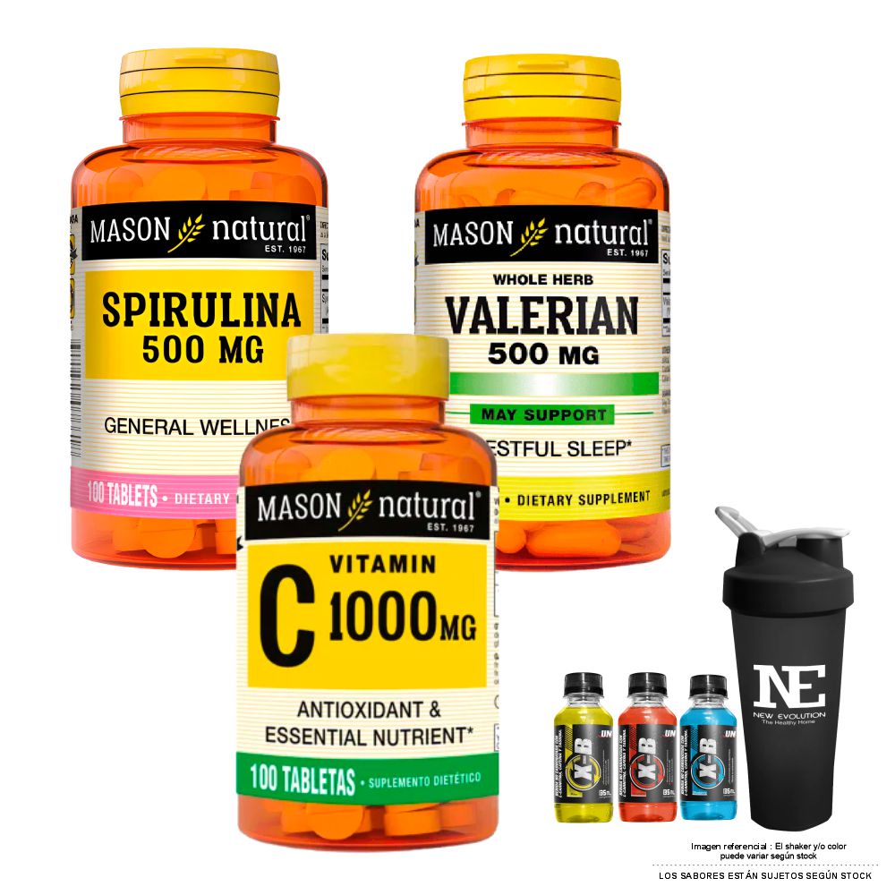 COMBO VITAMINAS MASON NATURAL - ESPIRULINA 500 MG (100 TAB) + VALERIANA 500 MG (60 CAP) + VITAMINA C-1000 MG + SHAKER - 1