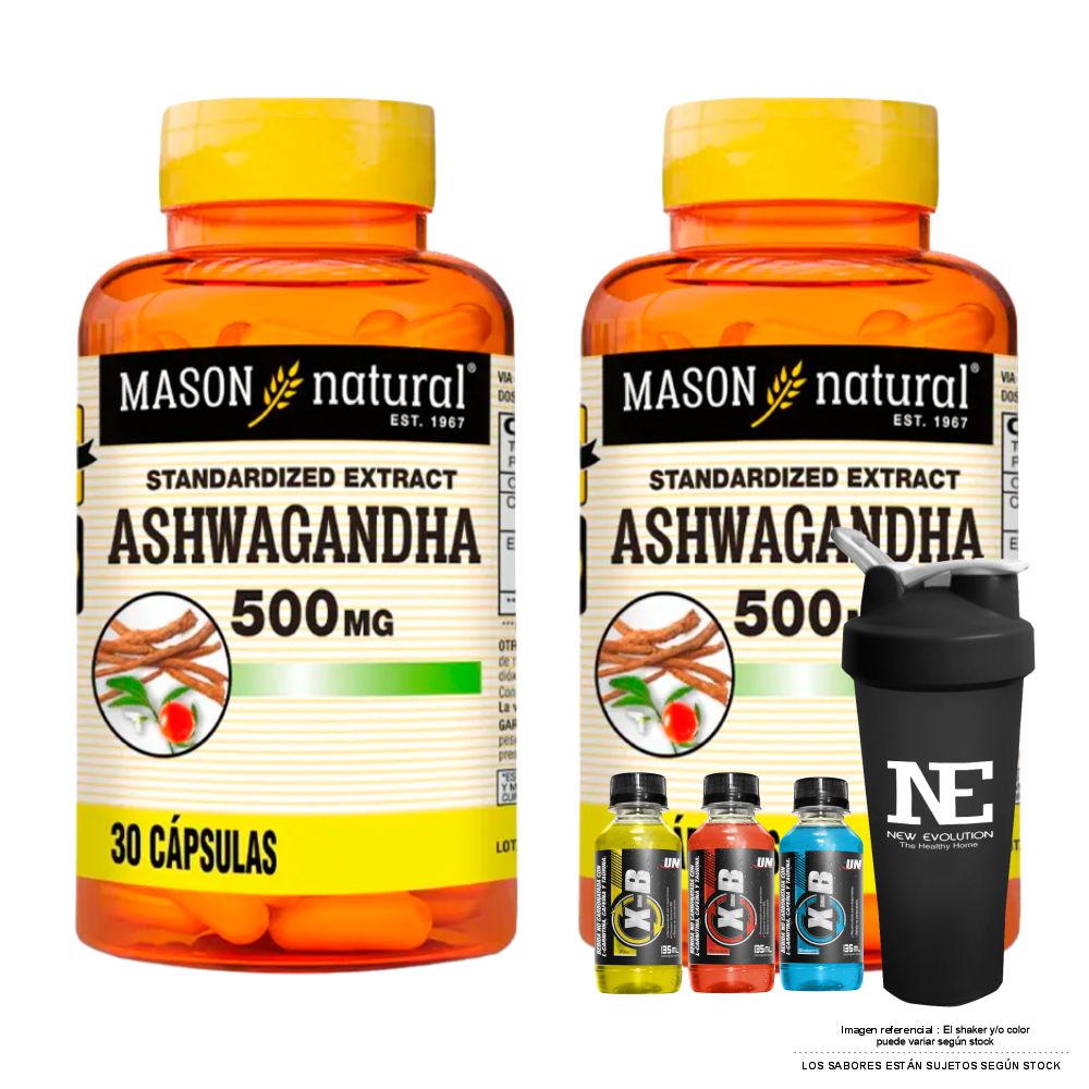 COMBO VITAMINAS MASON NATURAL - 2 ASHWAGANDHA 500 MG (30 CAP) + SHAKER - 1