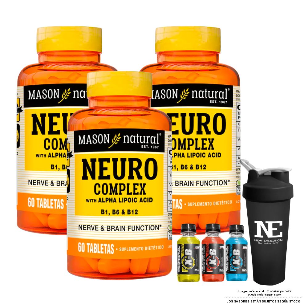 COMBO VITAMINAS MASON NATURAL - 3 NEURO COMPLEX CON ÁCIDO ALFA LIPOICO (60 TAB) + SHAKER - 1