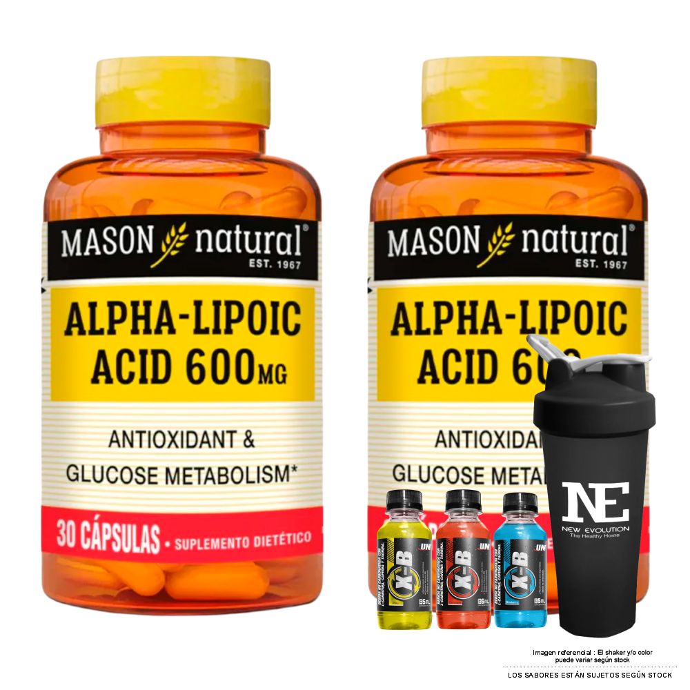 COMBO VITAMINAS MASON NATURAL - 2 ÁCIDO ALFA LIPOICO 600 MG (30 CAP) + SHAKER - 1