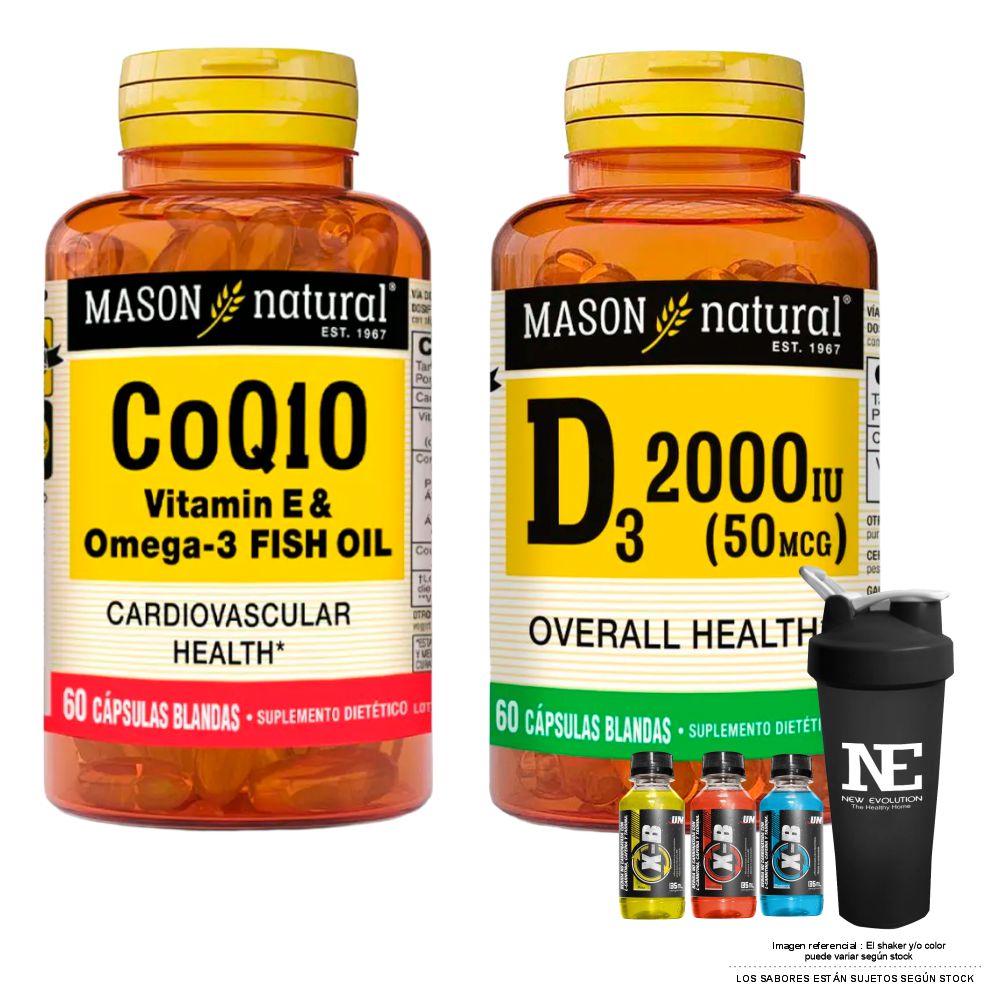 COMBO VITAMINAS MASON NATURAL -  COQ10 (VITAMINA E Y OMEGA 3 FISH OIL) (60 SOFTG) + D-3 2000 UI (60 SOFTG) + SHAKER - 1