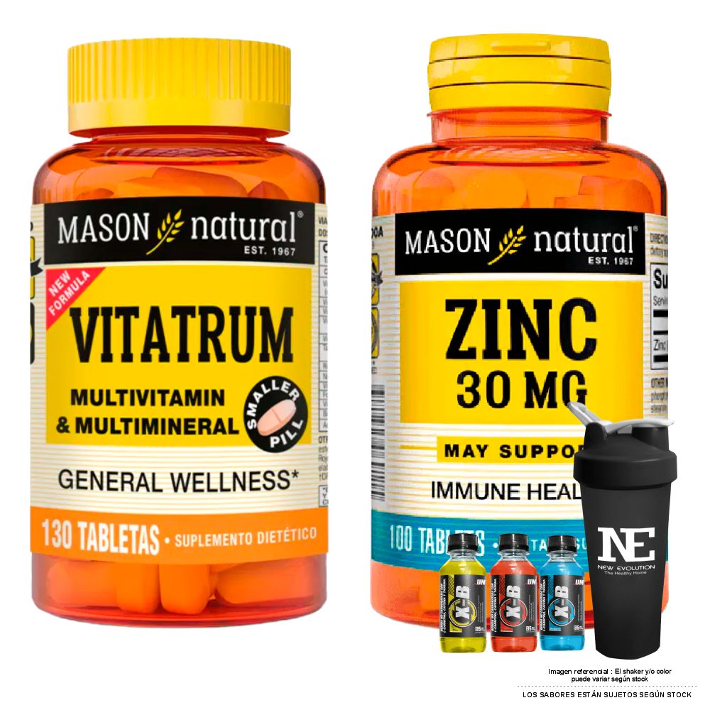 COMBO VITAMINAS MASON NATURAL - VITATRUM MULTIVITAMÍNICO Y MULTIMINERAL (130 TAB) + ZINC 30 MG (100 TAB) + SHAKER - 1