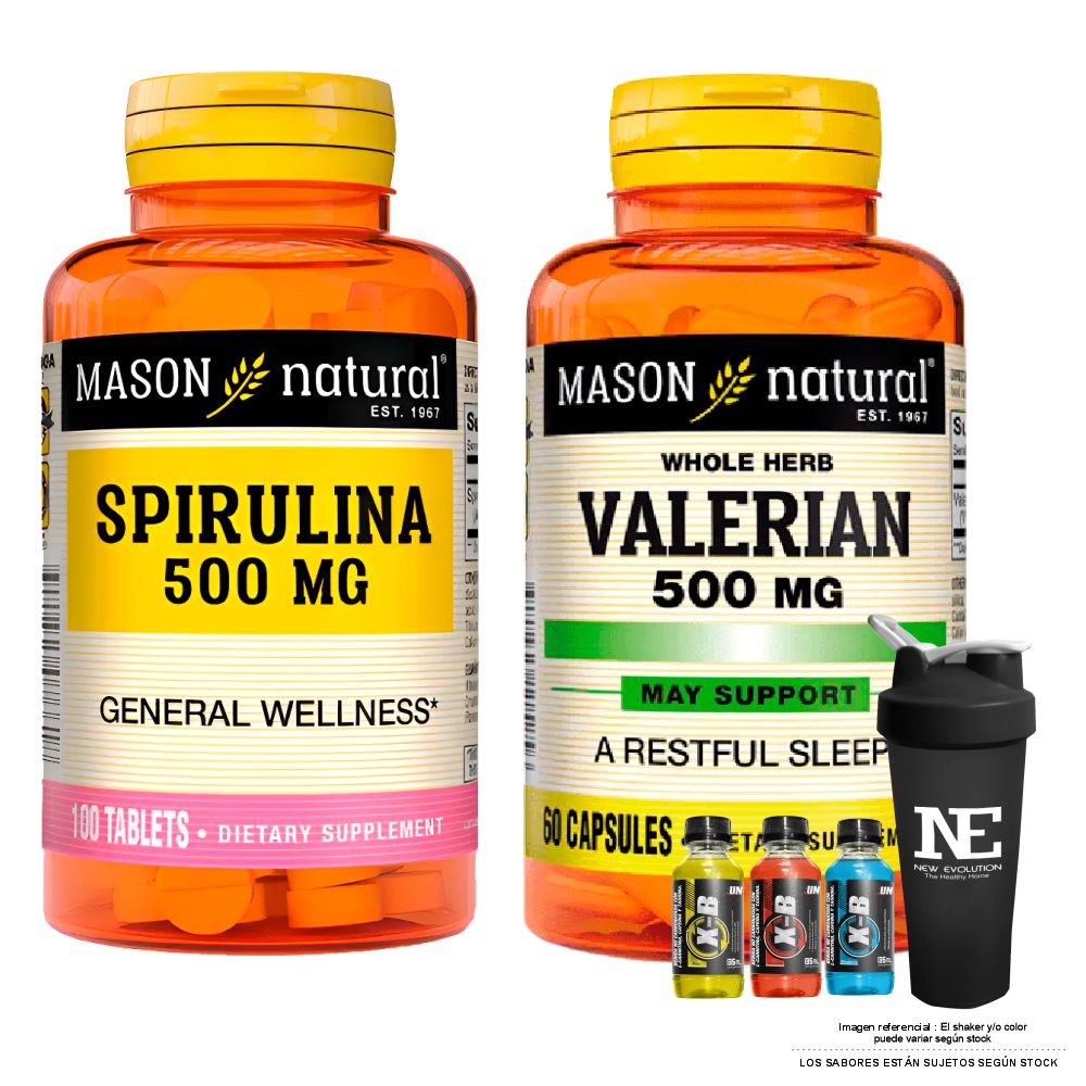 COMBO VITAMINAS MASON NATURAL - ESPIRULINA 500 MG (100 TAB) + VALERIANA 500 MG (60 CAP) + SHAKER - 1