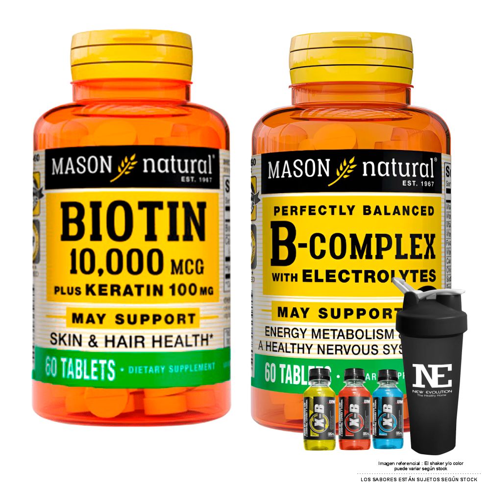 COMBO VITAMINAS MASON NATURAL - COMPLEJO B CON ELECTROLITOS (60 TAB) + BIOTINA 10,000 PLUS KERATINA (60 TAB) + SHAKER - 1