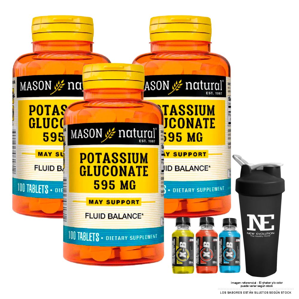 COMBO VITAMINAS MASON NATURAL - 3 GLUCONATO DE POTASIO 595 MG (100 TAB) + SHAKER - 1
