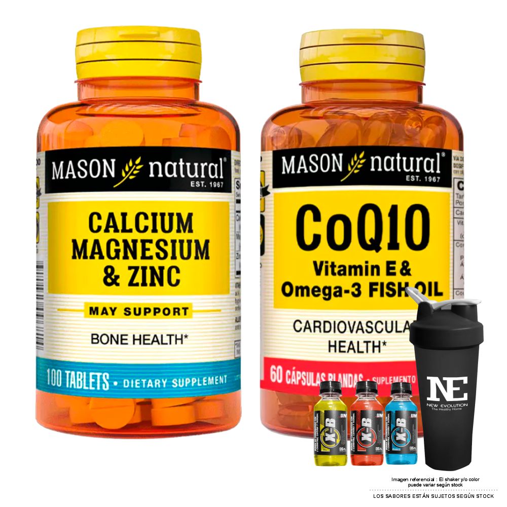 COMBO VITAMINAS MASON NATURAL - CALCIO, MAGNESIO Y ZINC (100 TAB) + COQ10 (VITAMINA E Y OMEGA 3 FISH OIL) + SHAKER - 1