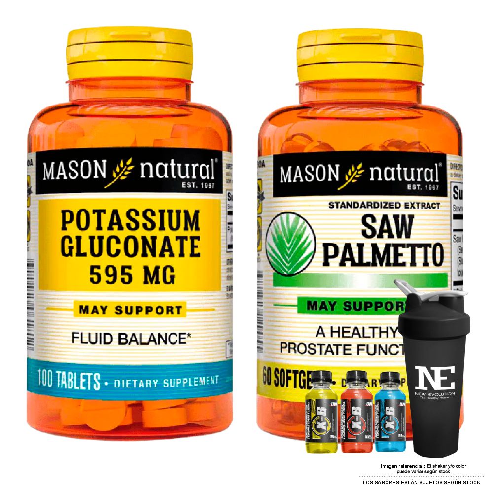 COMBO VITAMINAS MASON NATURAL - GLUCONATO DE POTASIO 595 MG (100 TAB)+ SAW PALMETTO EXTRACTO ESTANDARIZADO 160MG +SHAKER - 1