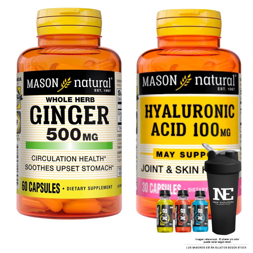 COMBO VITAMINAS MASON NATURAL - GINGER (KION) 500 MG (60 CAP) + ÁCIDO HIALURÓNICO 100 MG (30 CAP) + SHAKER - 1