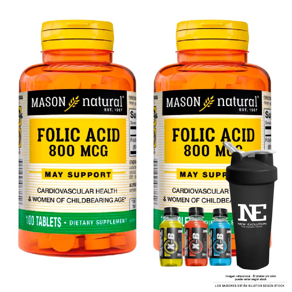 COMBO VITAMINAS MASON NATURAL - 2 ÁCIDO FÓLICO 800 MCG (100 TAB) + SHAKER - 1
