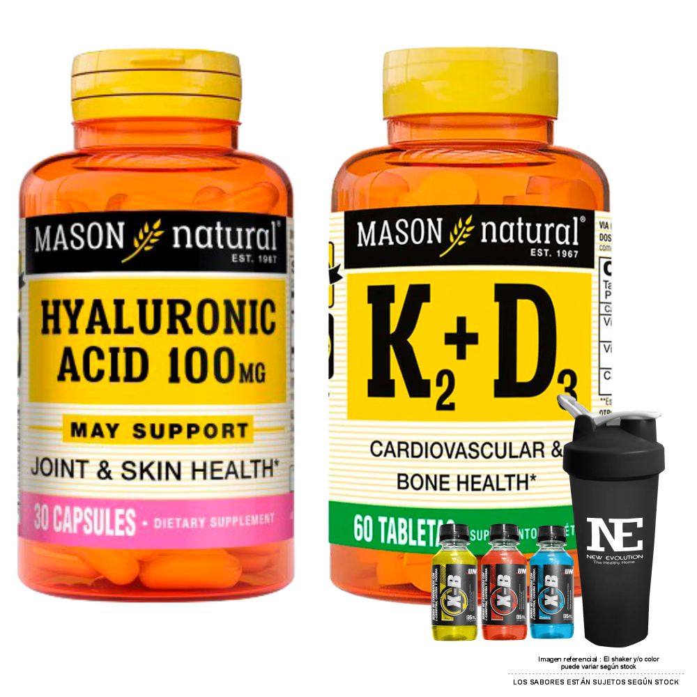 COMBO VITAMINAS MASON NATURAL -  ÁCIDO HIALURÓNICO 100 MG (30 CAP) + VITAMINA K2 + D3 (60 TAB) + SHAKER - 1