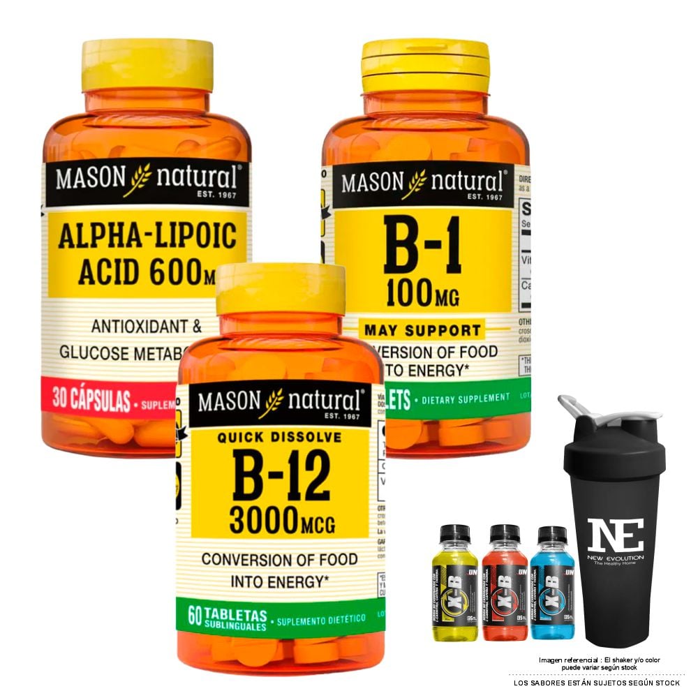 COMBO VITAMINAS MASON - ÁCIDO ALFA LIPOICO 600 MG + VITAMINA B-1 100 MG + VITAMINA B-12 3000 MCG (60 TAB SUBL) + SHAKER - 1