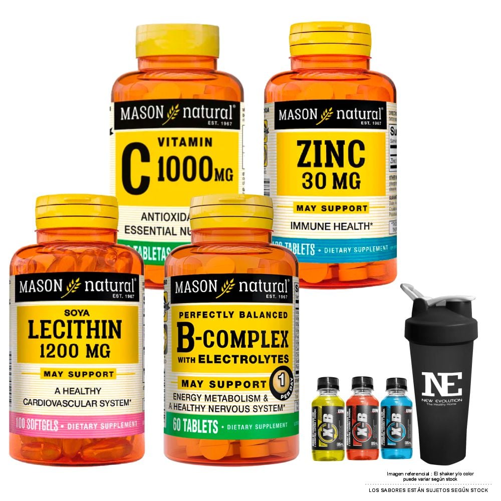COMBO VITAMINAS MASON - VITAMINA C-1000 MG + ZINC 30 MG + LECITINA DE SOYA 1200 MG + COMPLEJO B CON ELECTROLITOS +SHAKER - 1