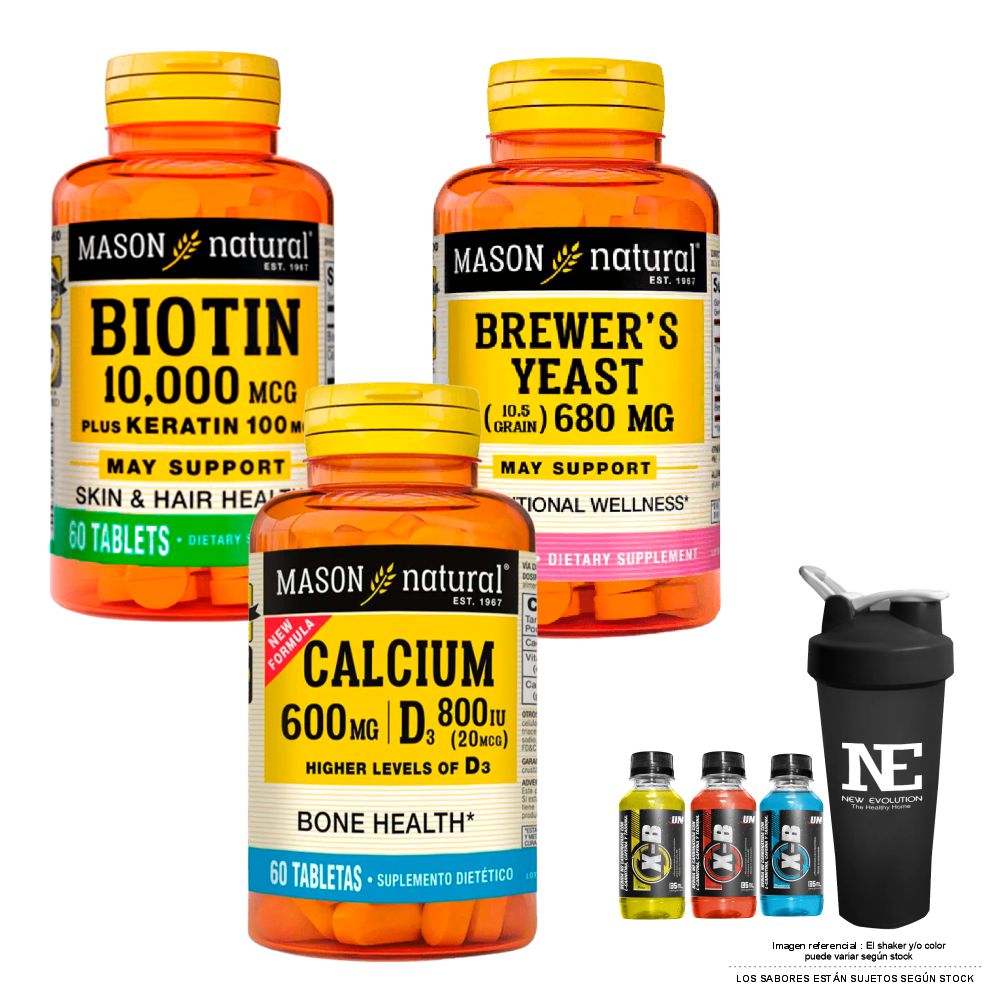COMBO VITAMINAS MASON - BIOTINA 10,000 PLUS KERATINA 100 MG + LEVADURA DE CERVEZA 680 MG + CALCIO 600MG D3 800IU +SHAKER - 1