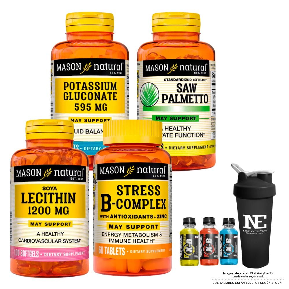 COMBO VITAMINAS MASON- GLUCONATO DE POTASIO + SAW PALMETTO EXTRACTO+ LECITINA DE SOYA + STRESS FORMULA B-COMPLEX +SHAKER - 1