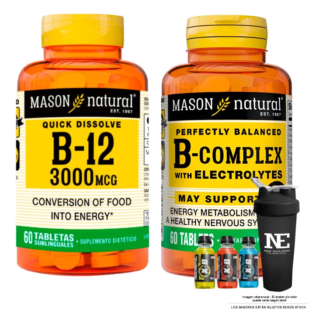 COMBO VITAMINAS MASON NATURAL - VITAMINA B-12 3000 MCG (60 TAB SUBL) + COMPLEJO B CON ELECTROLITOS (60 TAB) + SHAKER - 1