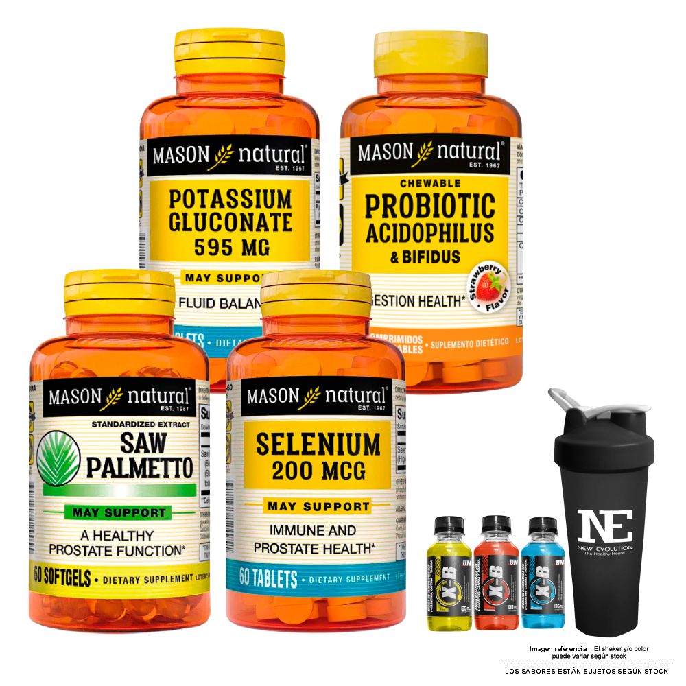 COMBO VITAMINAS MASON- GLUCONATO DE POTASIO+PROBIÓTICO ACIDOPHILUS Y BIFIDUS+SAW PALMETTO EXTRACTO+SELENIO 200MCG+SHAKER - 1