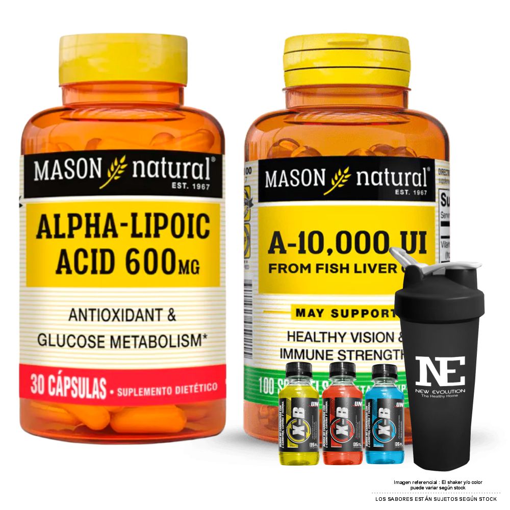 COMBO VITAMINAS MASON NATURAL - VITAMINA A 10,000 UI FROM FISH LIVER OIL (100 SOFTG)+ ÁCIDO ALFA LIPOICO (30 CAP)+SHAKER - 1