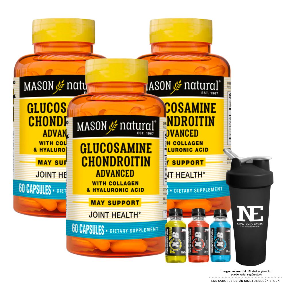COMBO VITAMINAS MASON NATURAL - 3 GLUCOSAMINA CONDROITINA CON ÁCIDO HIALURÓNICO Y COLÁGENO (60 CAP) + SHAKER - 1