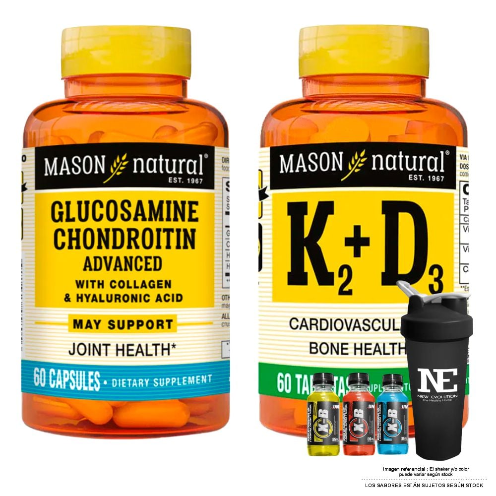COMBO VITAMINAS MASON NATURAL- GLUCOSAMINA CONDROITINA CON ÁCIDO HIALURÓNICO Y COLÁGENO (60 CAP)+ VITAMINA K2+D3 (60 TAB) +SHAKER - 1