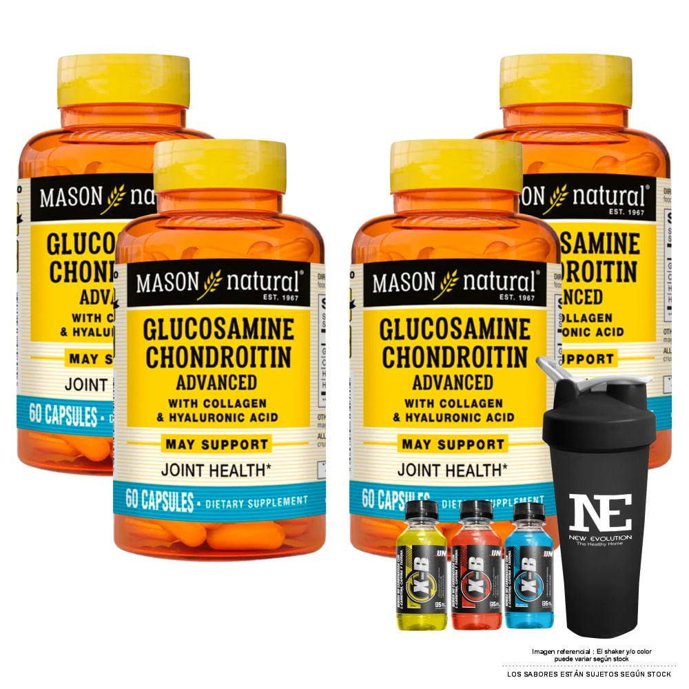COMBO VITAMINAS MASON NATURAL - 4 GLUCOSAMINA CONDROITINA CON ÁCIDO HIALURÓNICO Y COLÁGENO (60 CAP) + SHAKER - 1