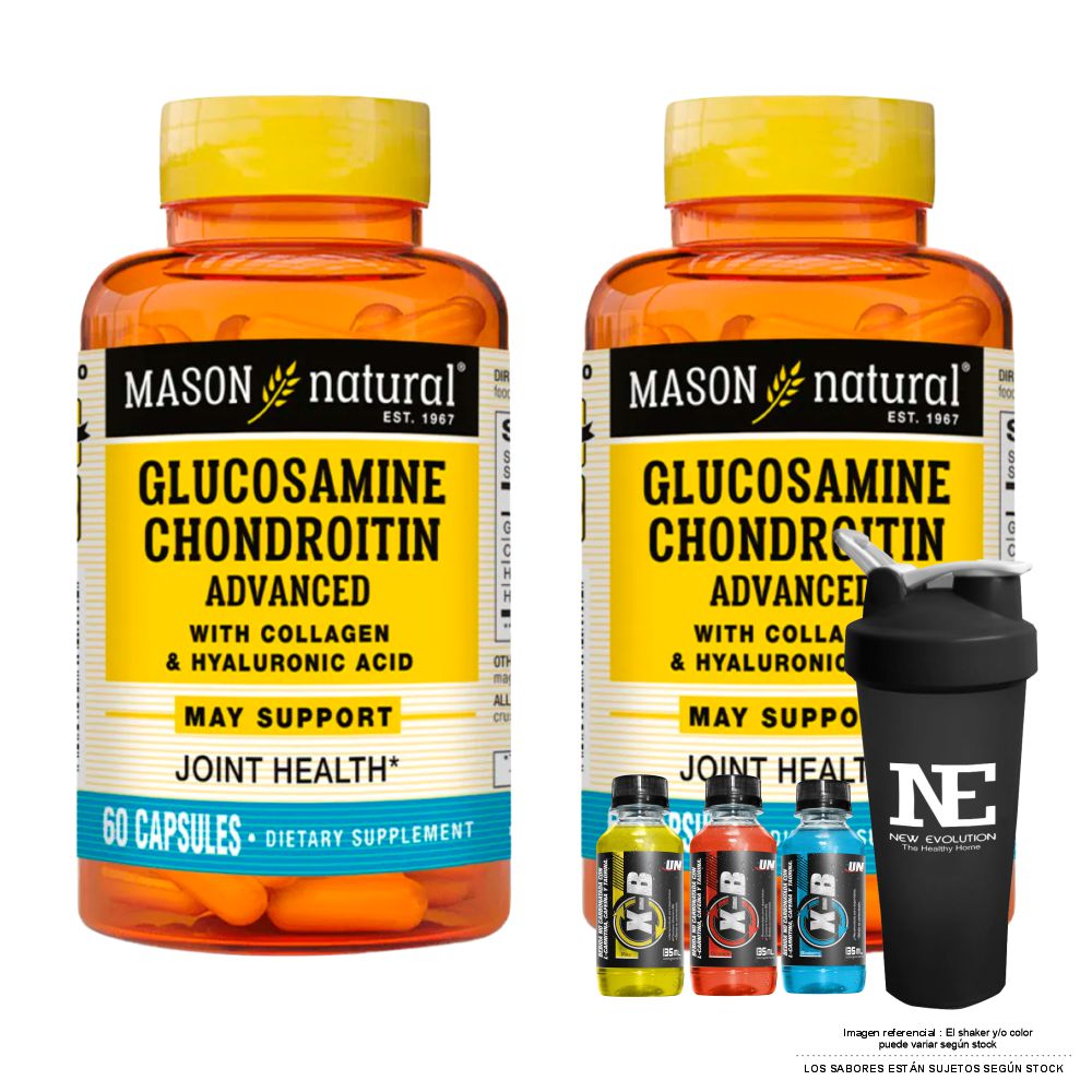 COMBO VITAMINAS MASON NATURAL - 2 GLUCOSAMINA CONDROITINA CON ÁCIDO HIALURÓNICO Y COLÁGENO (60 CAP) + SHAKER - 1