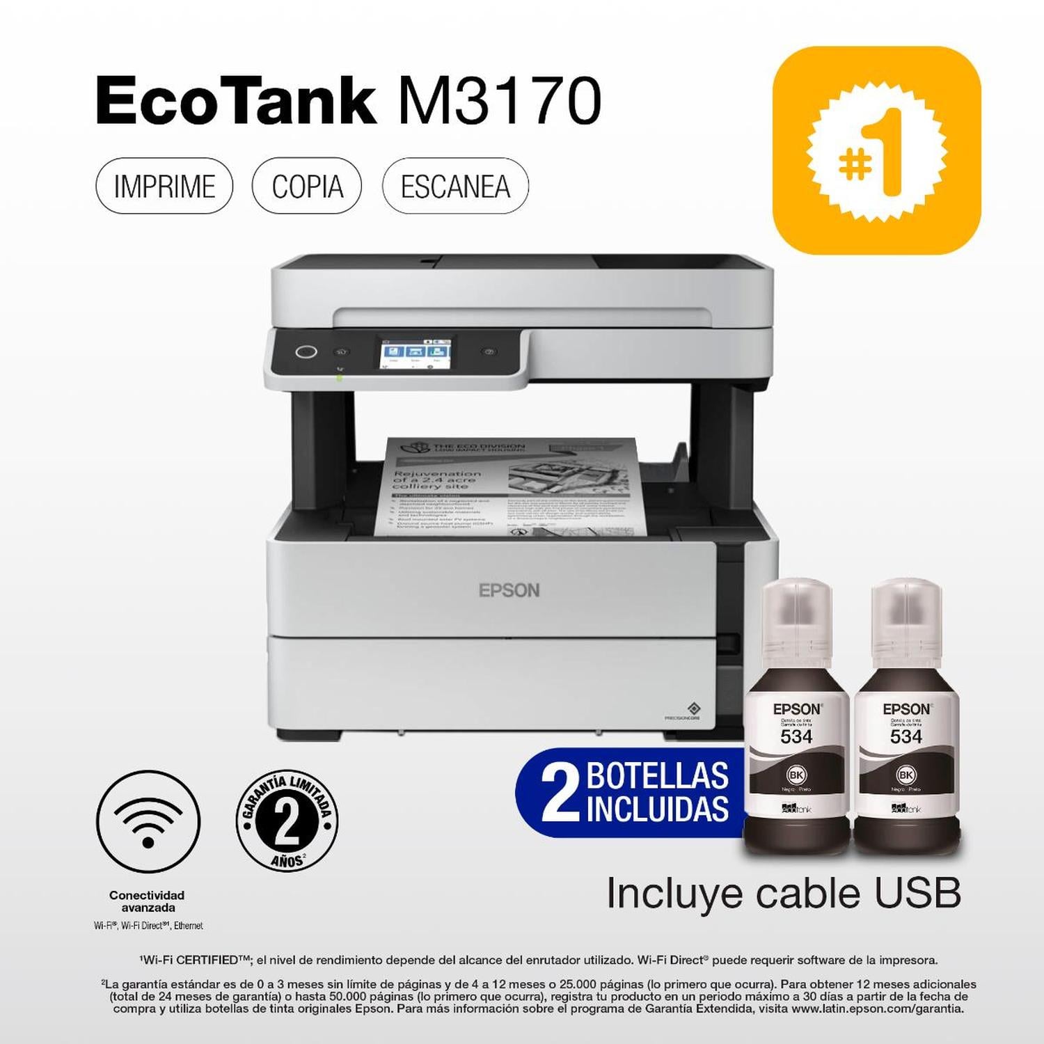 IMPRESORA EPSON MULTIFUNCIÓN 4 EN 1 ECOTANK M3170 WI-FI BYN - 1