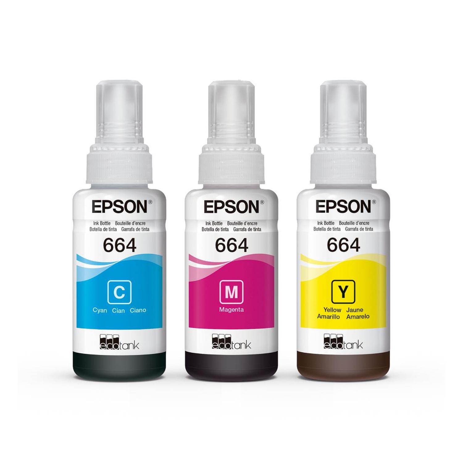 PACK DE 3 BOTELLAS DE TINTA EPSON CYAN/MAGENTA/AMARILLA T664 - 1