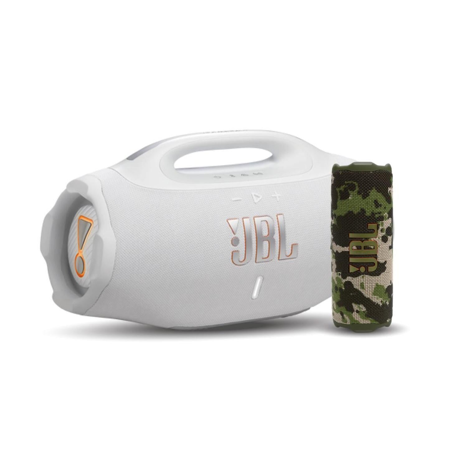 COMBO JBL PARLANTE BOOMBOX 4 BLANCO + PARLANTE FLIP 7 BT CAMUFLADO - 1