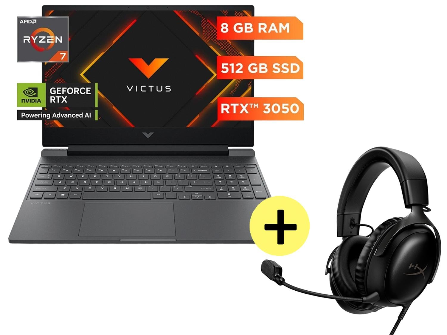 LAPTOP GAMER HP VICTUS 15-FB3018LA R7 7445HS 8GB 512GB RTX3050 W11 + AUDÍFONOS GAMER HYPERX CLOUD II - 1