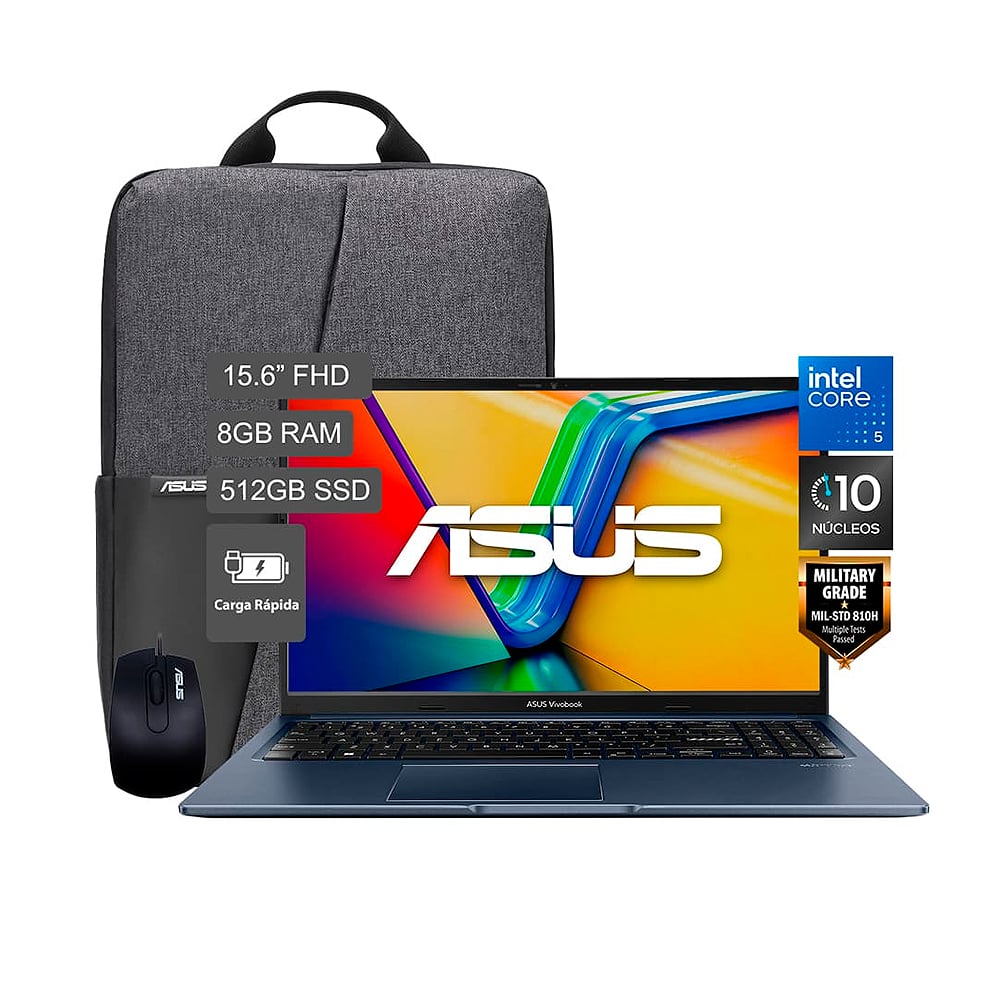 LAPTOP ASUS VIVOBOOK CI5 120U X1504VA-BQ4454W 8GB RAM 512GB SSD 15.6 + MOCHILLA Y MOUSE - 1