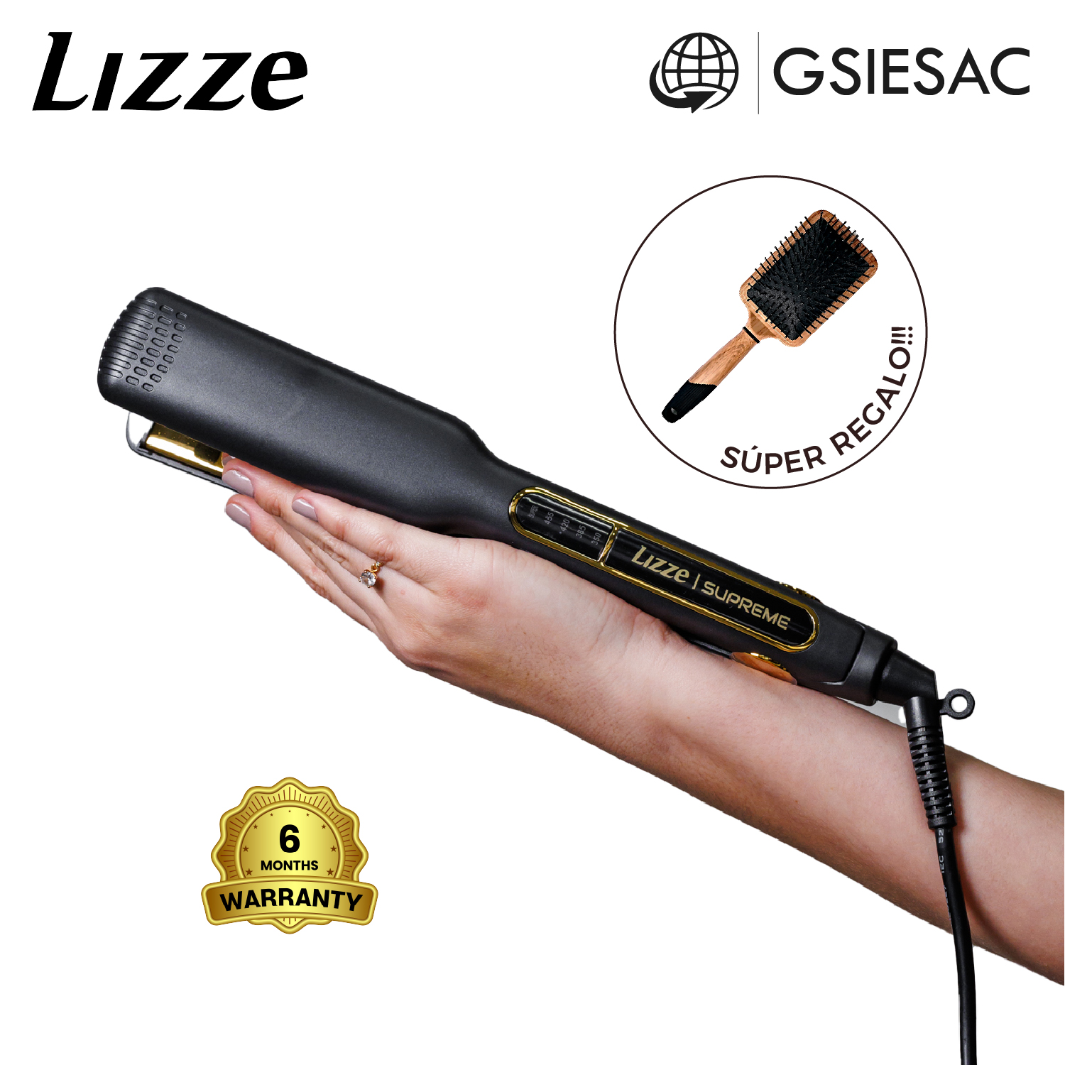 LIZZE PACK PLANCHA DE CABELLO PROFESIONAL SUPREME + (REGALO) CEPILLO PALETA NEGRO - 1