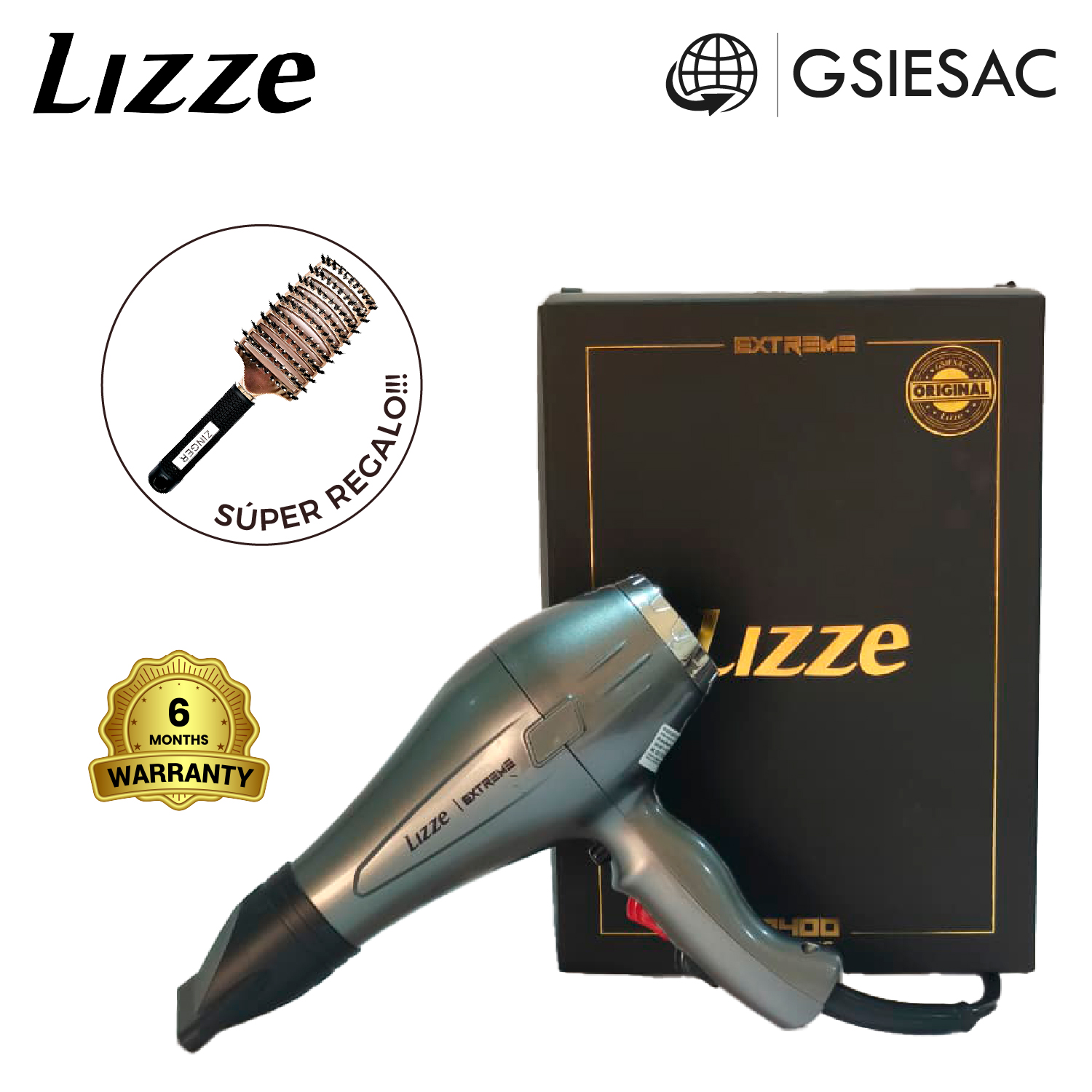 LIZZE PACK SECADORA DE CABELLO PROFESIONAL EXTREME + (REGALO) CEPILLO ESQUELETO DORADO - 1