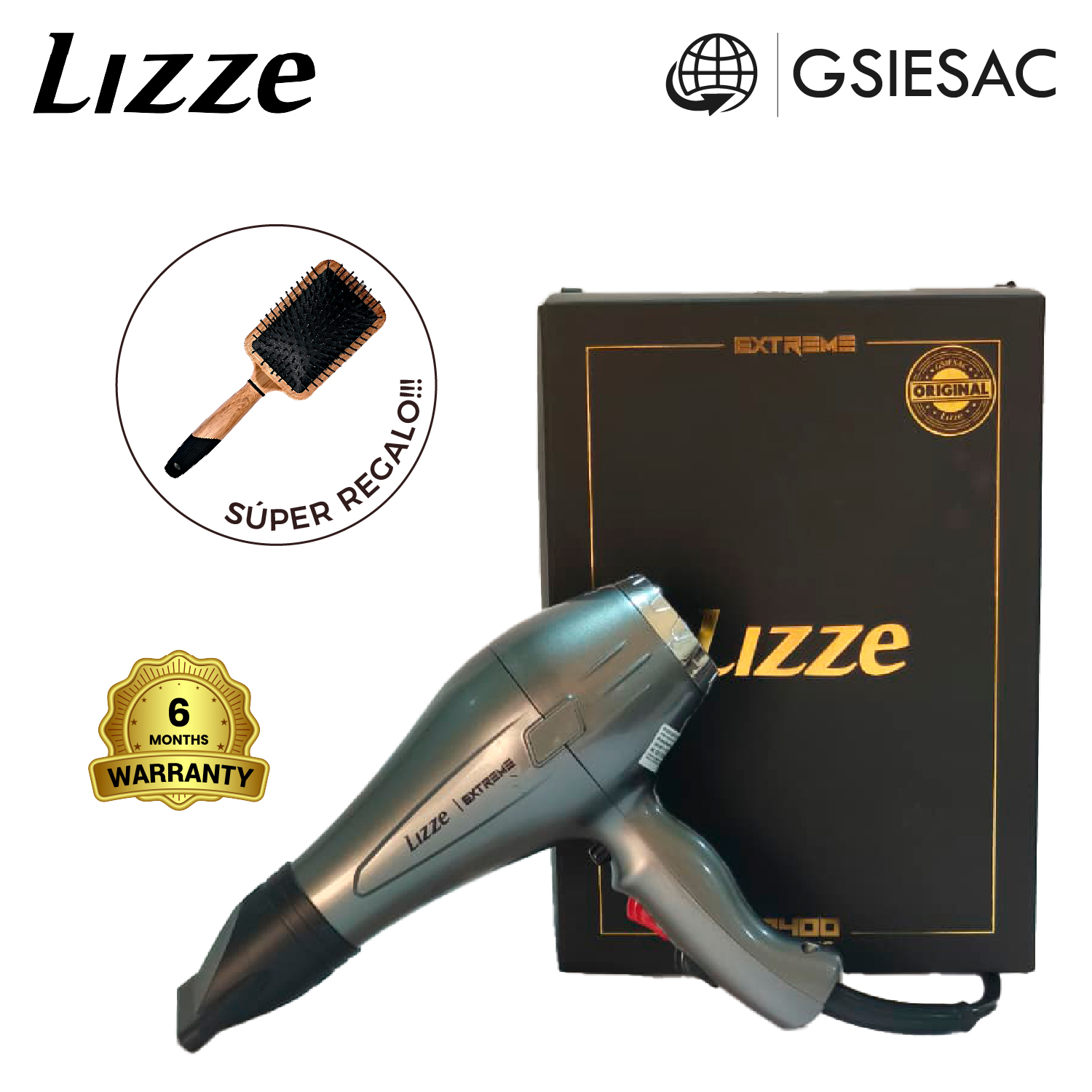 LIZZE PACK SECADORA DE CABELLO PROFESIONAL EXTREME + (REGALO) CEPILLO PALETA NEGRO DISEÑO MADERA - 1