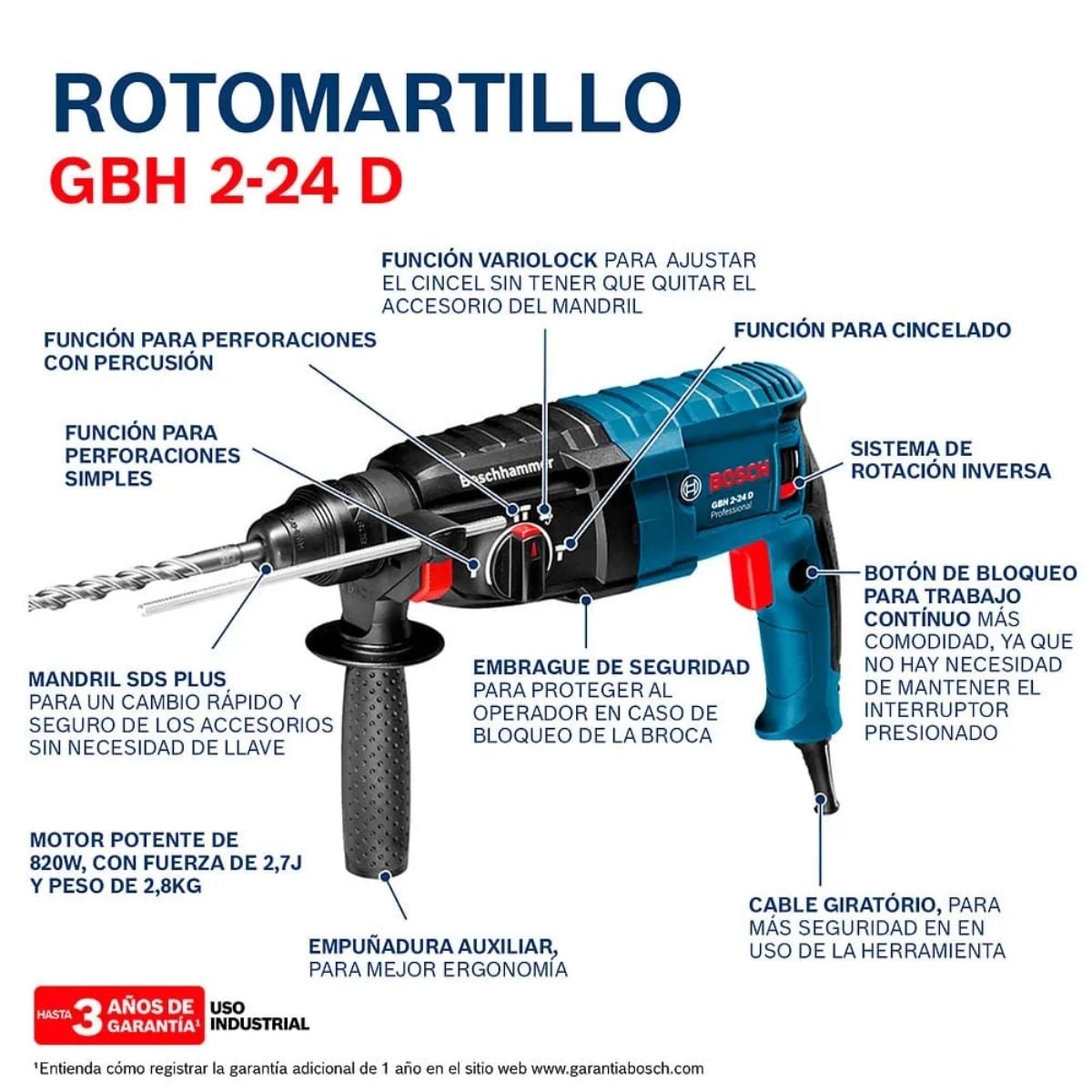 ROTOMARTILLO BOSCH GBH 2-24 D 2.7 JOULS 820 WATTS - 4