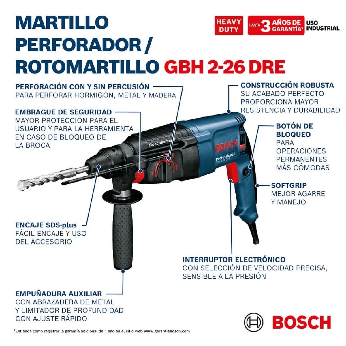 ROTOMARTILLO BOSCH GBH 2-26 DRE 800 WATTS 3.0 JOULS ALEMAN - 5