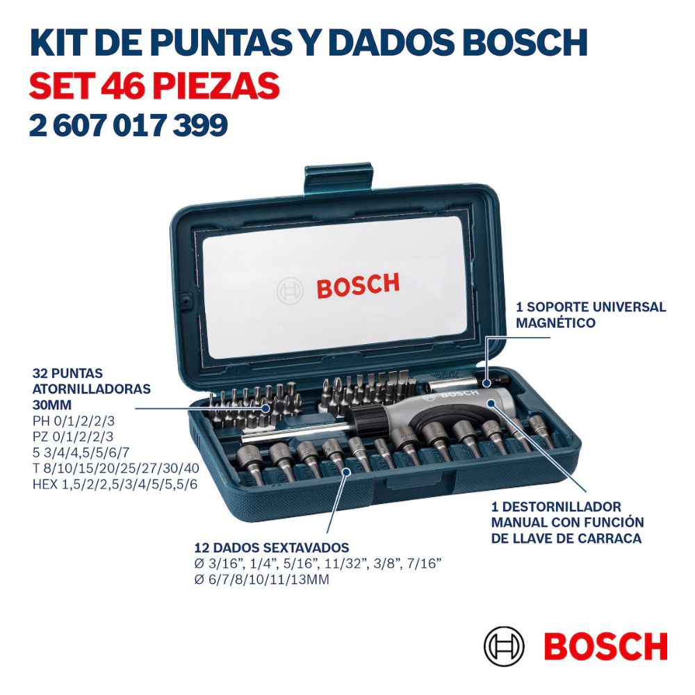 SET 46 PIEZAS AZUL BOSCH CON ATORNILLADOR + PUNTAS + DADOS - 4