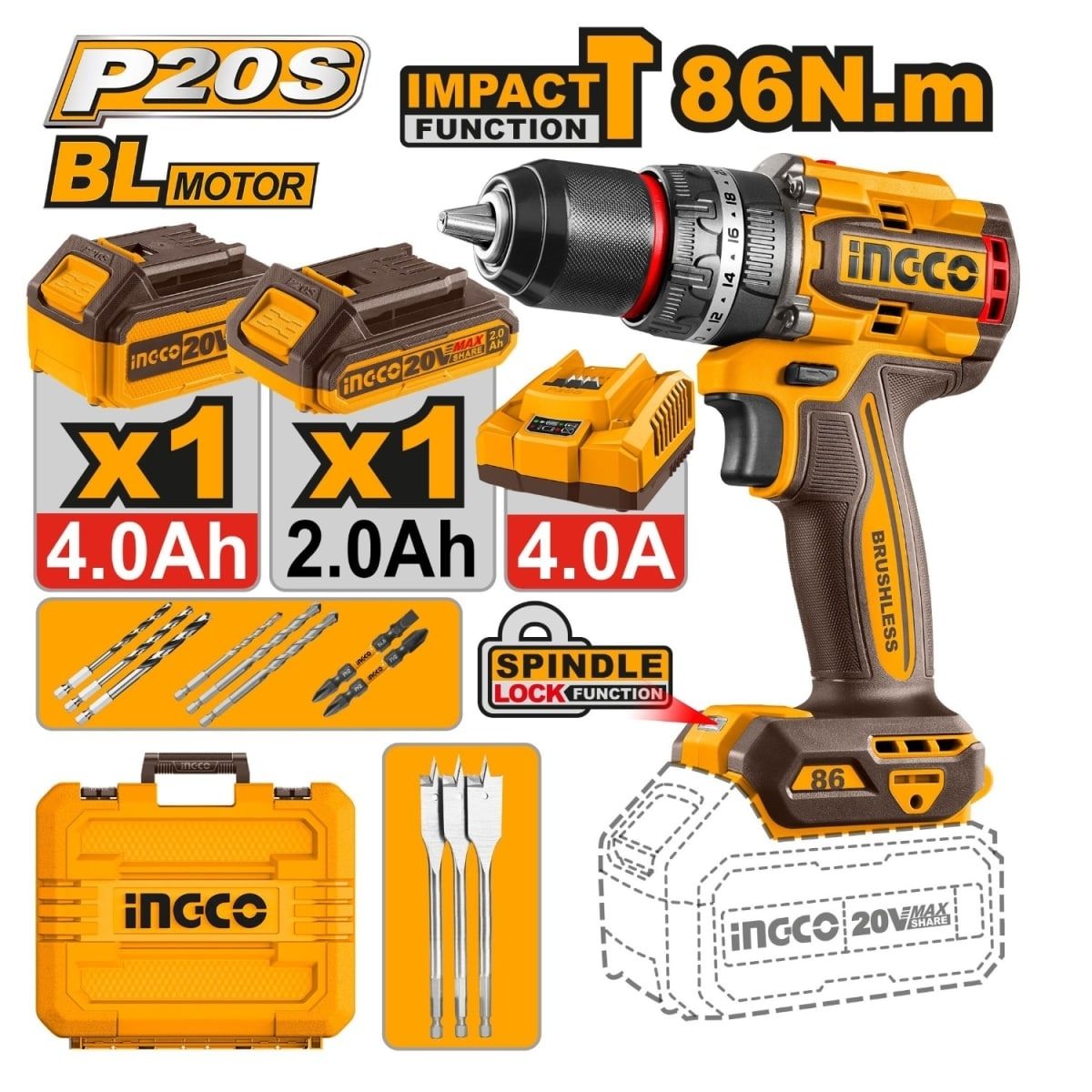 TALADRO PERCUTOR 20V + 2 BATERÍAS INGCO CIDLI20868 - 2