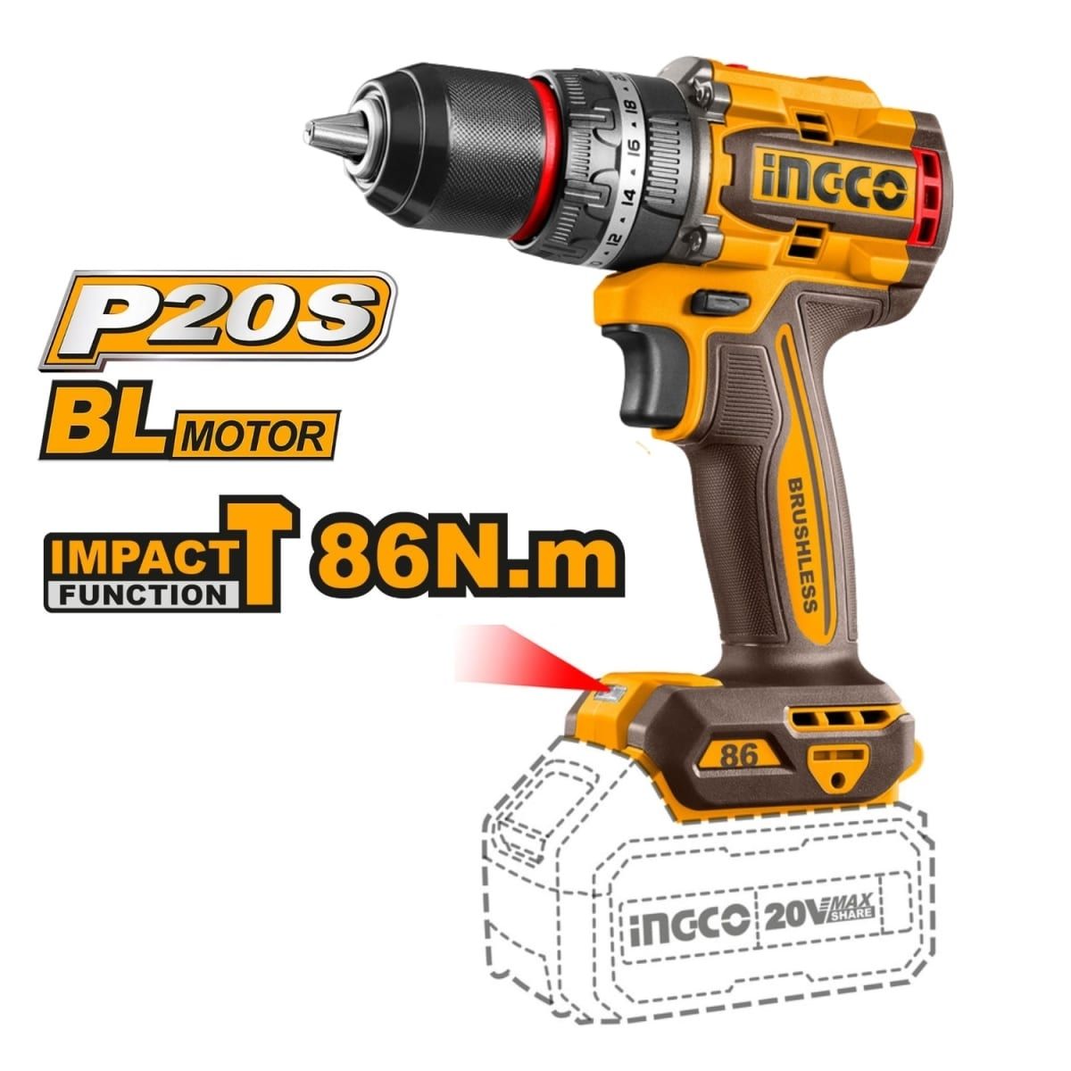 TALADRO PERCUTOR 20V + 2 BATERÍAS INGCO CIDLI20868 - 3