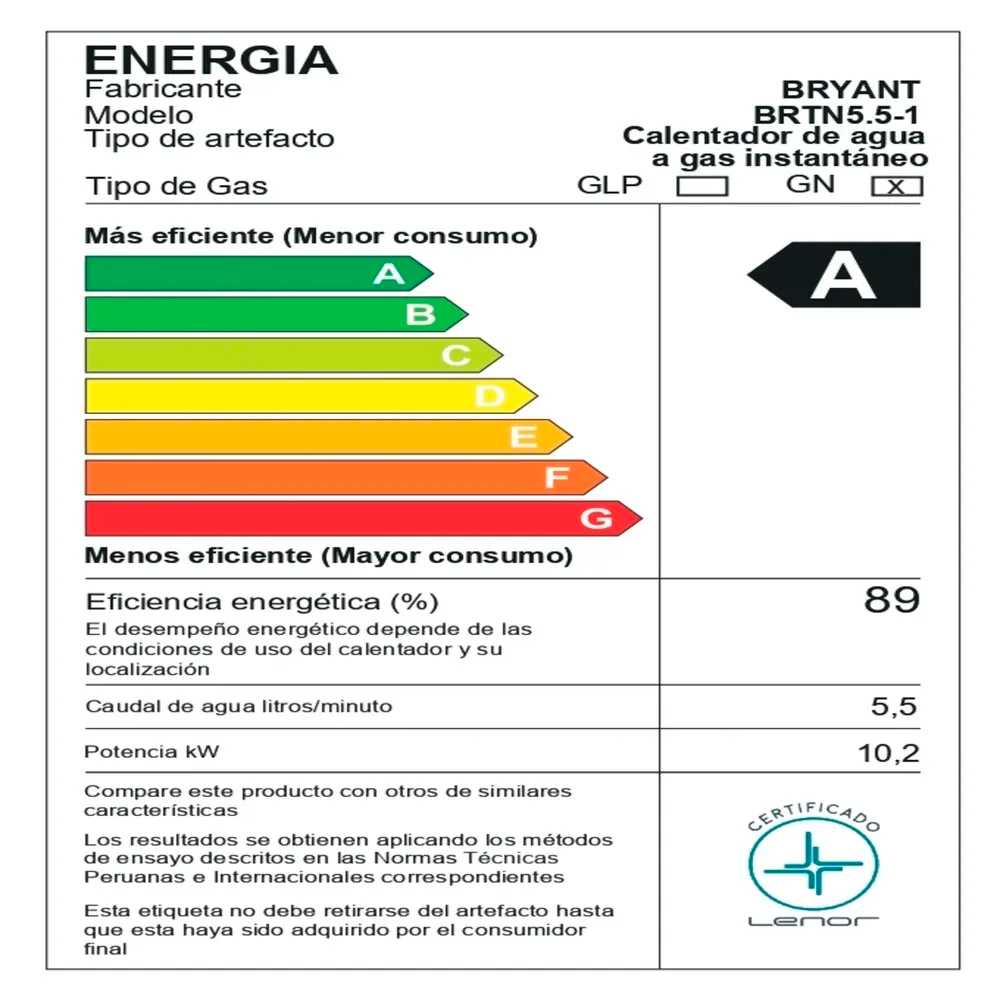 TERMA A GAS NATURAL BRYANT 5.5L TIRO NATURAL - 6