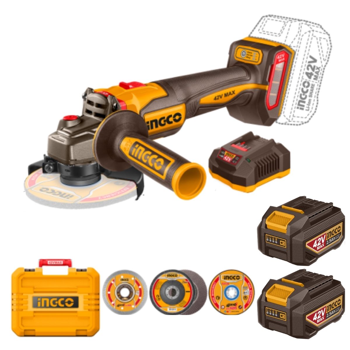 AMOLADORA INGCO 4 1/2' 42V 1280W BL + 2 BAT CAGLI4128112 - 1