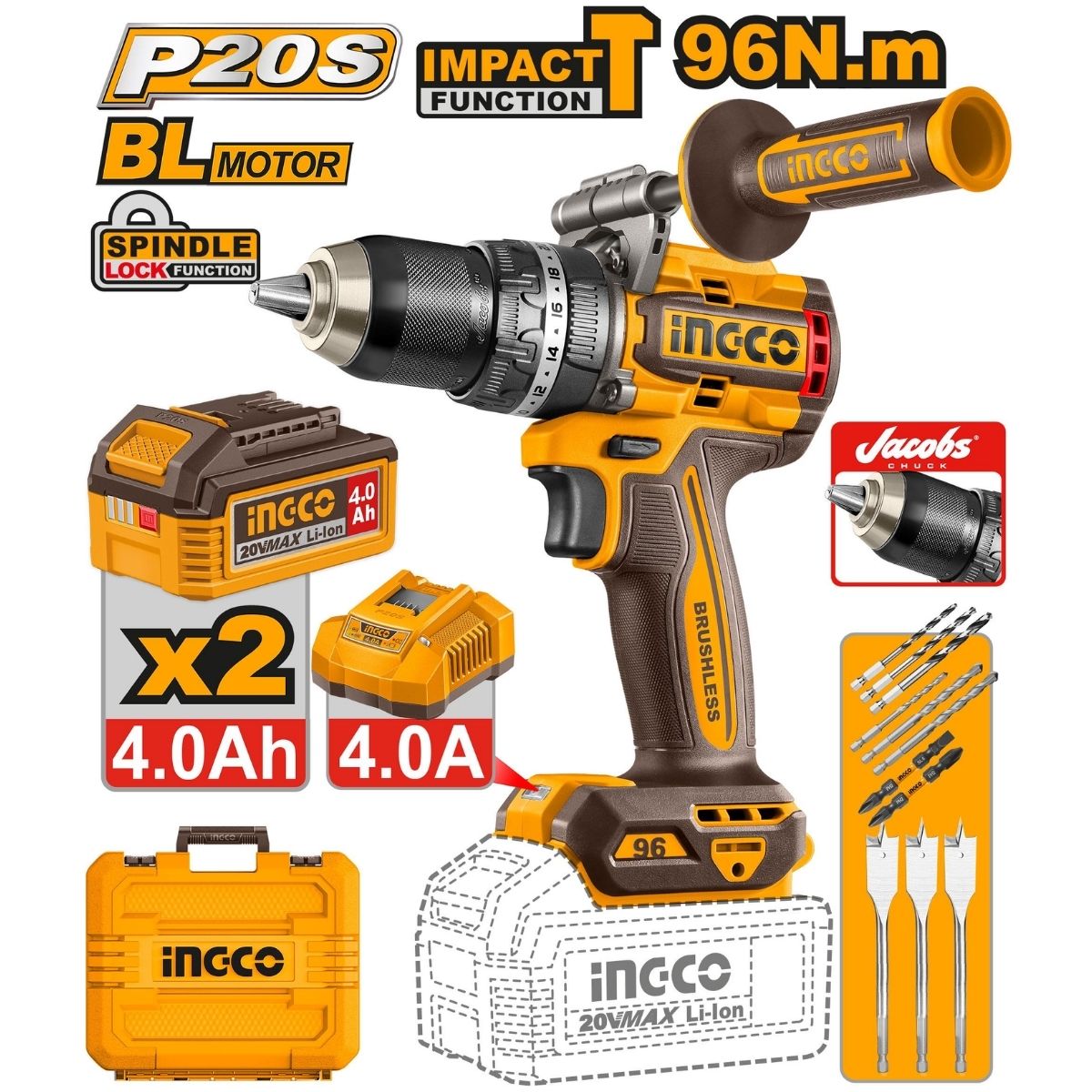 TALADRO PERCUTOR INGCO 20V 96NM BL + 2 BATERIAS CIDLI209686 - 2