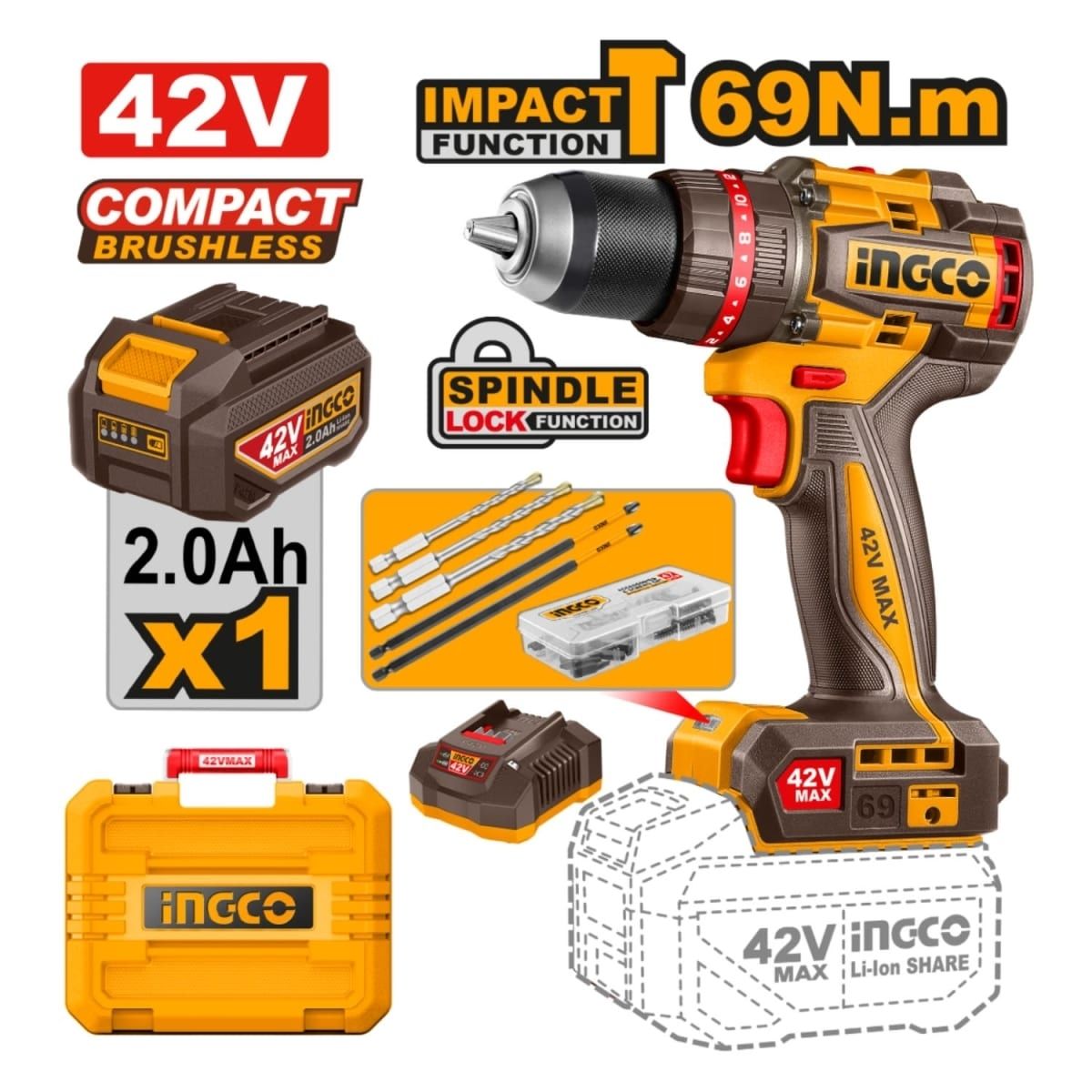 TALADRO PERCUTOR INGCO 42V 69NM BRUSHLESS + KIT CIDLI426981 - 2