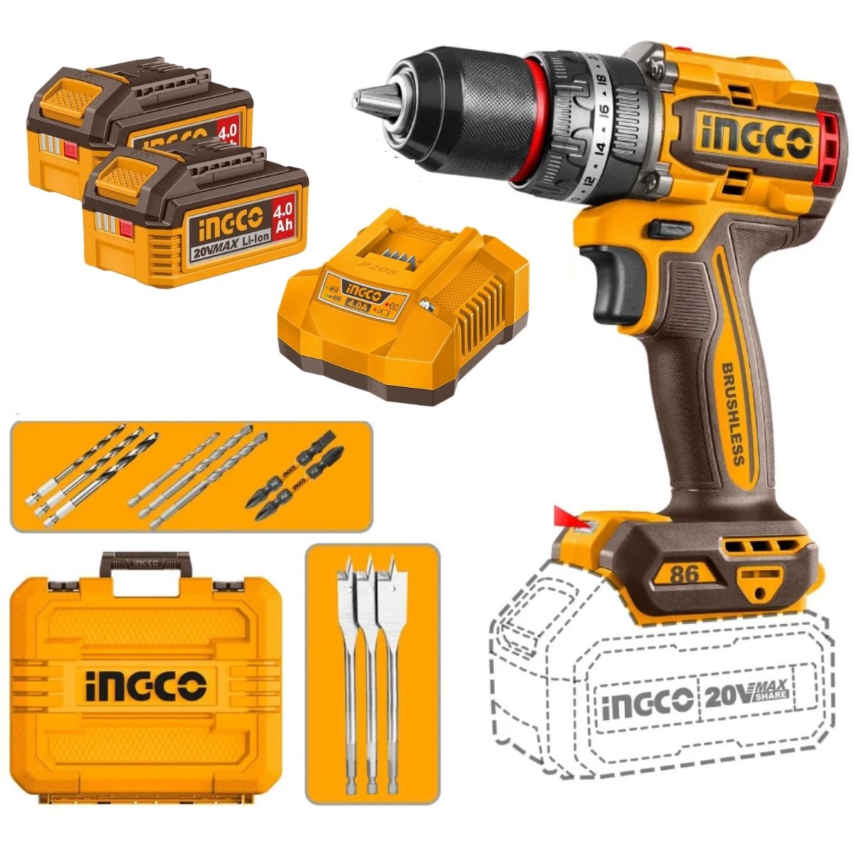 TALADRO ATORNILLADOR PERCUTOR INGCO 20V 86NM BRUSHLESS + 2 BATERÍAS 4AH CIDLI208682 - 1