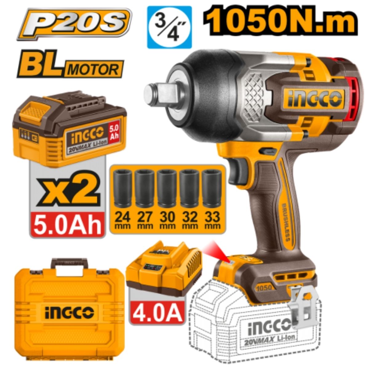 LLAVE DE IMPACTO INGCO 3/4' 20V 1050NM BL + 2 BAT CIWLI20105 - 2