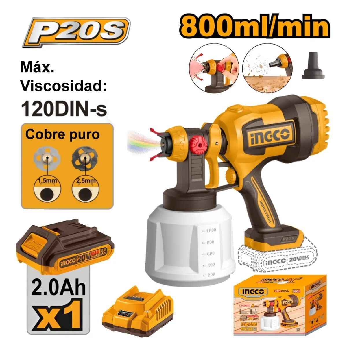 PISTOLA DE PINTAR INGCO CSGLI20042 20V 1000ML + BOQUILLAS - 2