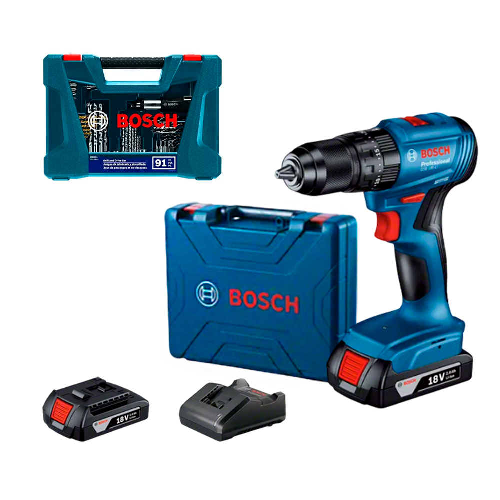 TALADRO PERCUTOR GSB 185 BOSCH + 1 BAT + SET 91 PIEZAS - 1
