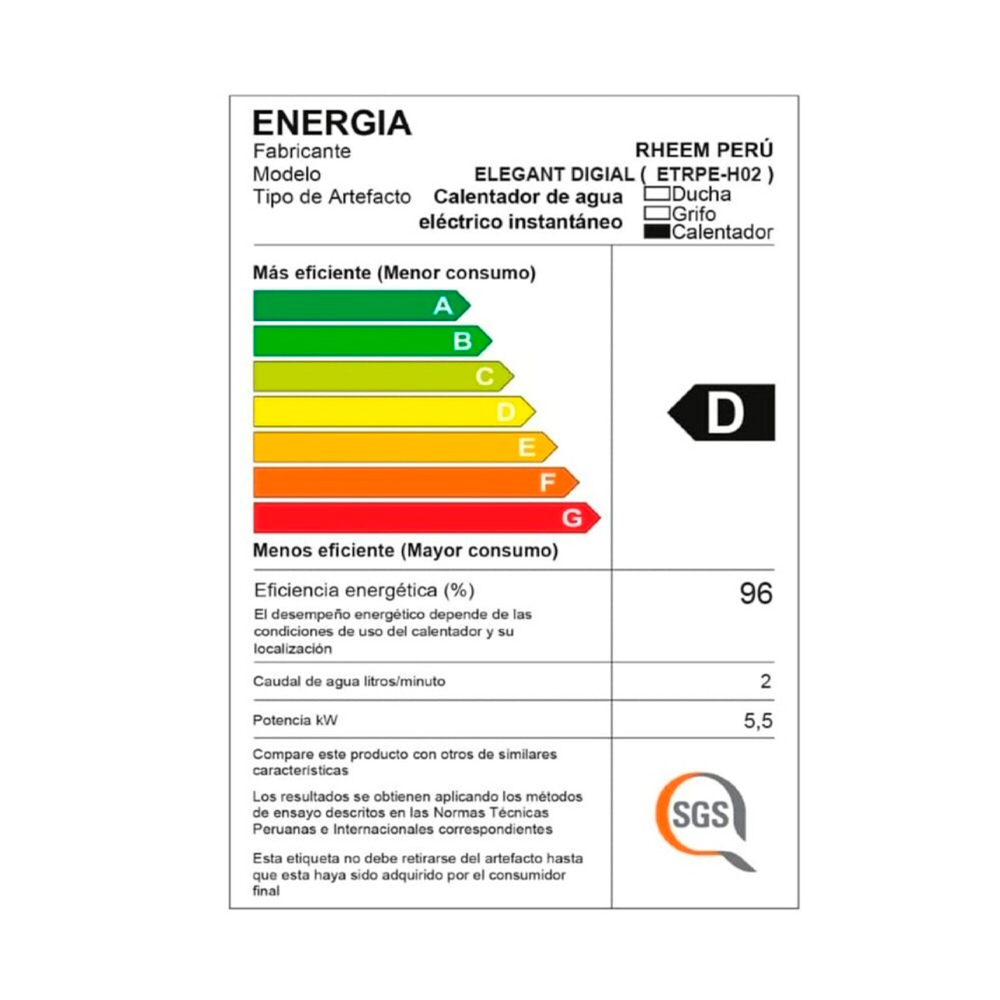 RAPIDUCHA ELÉCTRICA RHEEM ELEGANT DIGITAL 5.5 KW - 7